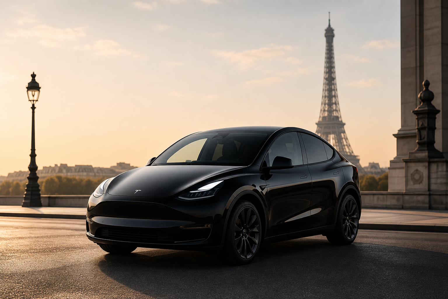 Tesla Model Y Juniper 2026 devant la Tour Eiffel au lever du soleil
